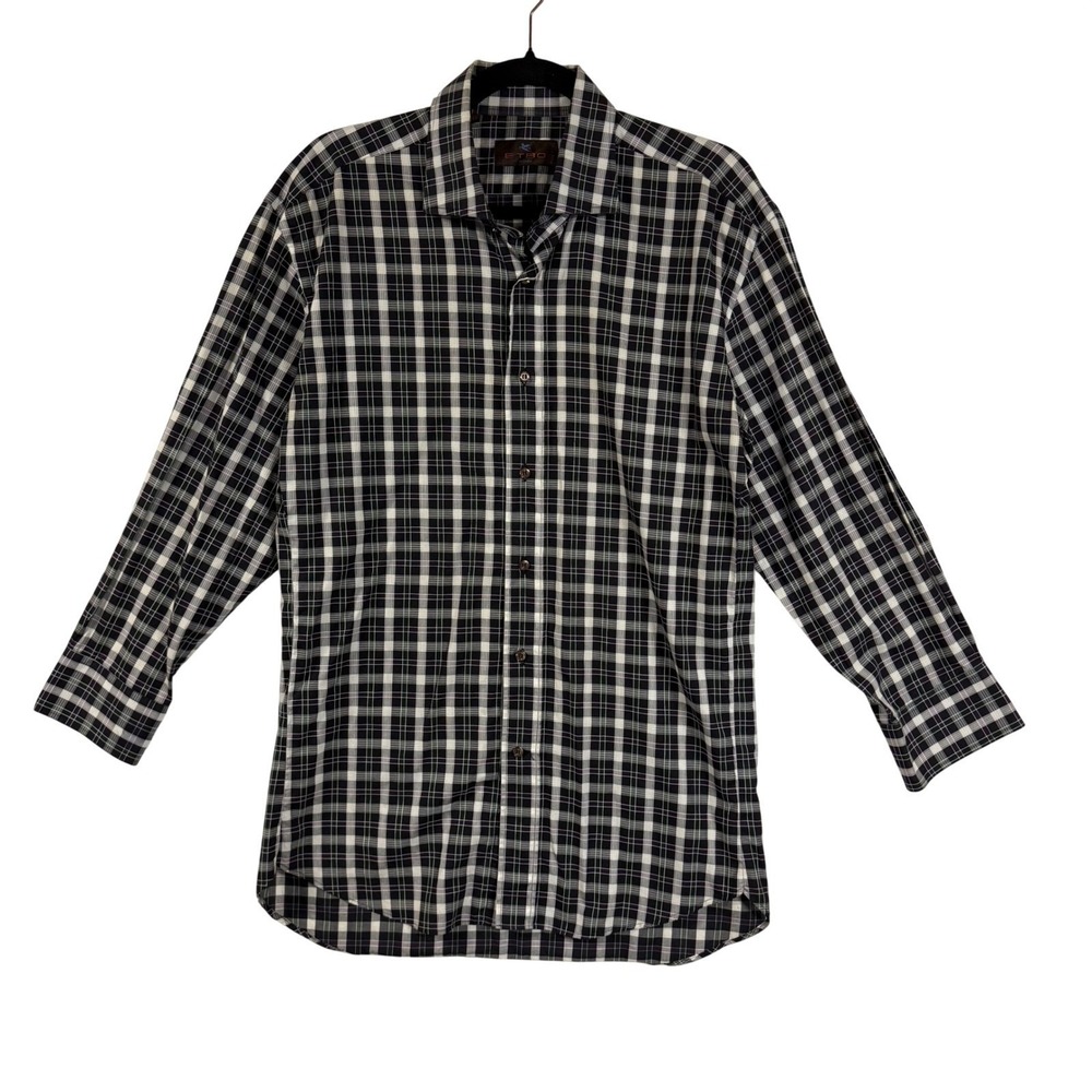 Etro 42 Black White Plaid Button Down‎ Shirt Long Sleeve Made in Italy Luxury